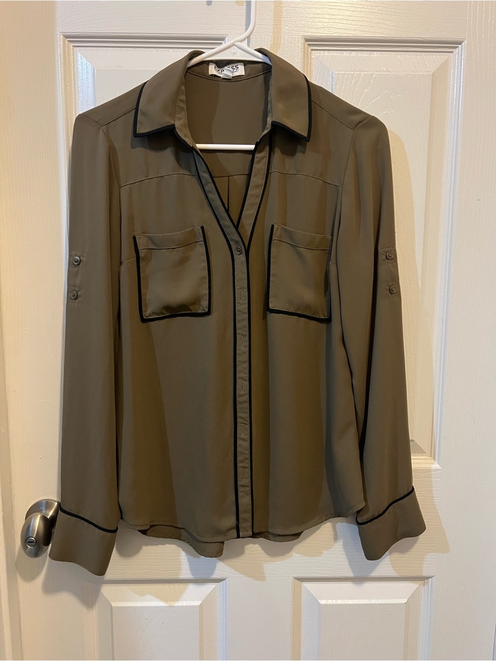 Express Olive Green Button-Down Blouse with Black Piping